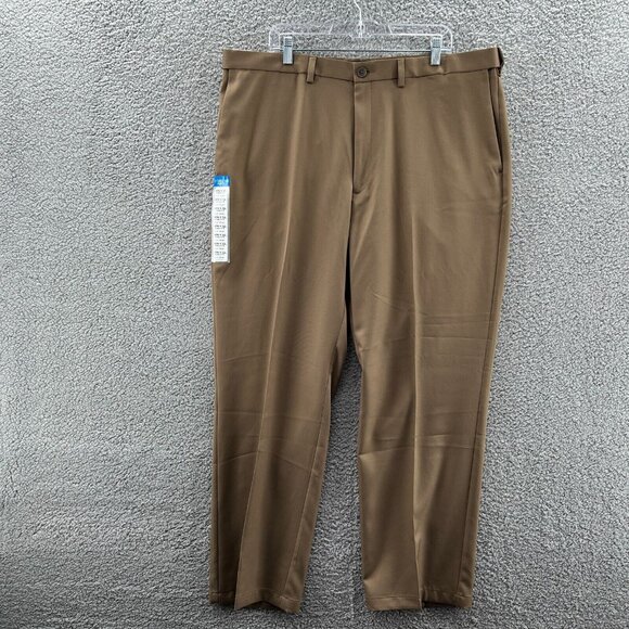New Haggar Dress Pants Cool 18 Pro Men 42X32 Long Flat Front Shirt Gripper Brown - Picture 1 of 12